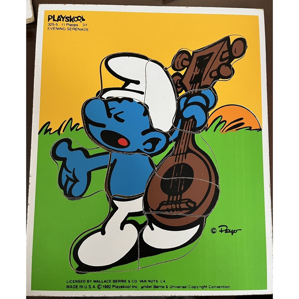 VTG Playskool Smurf Evening Serenade Wooden Jigsaw Puzzle‎ 325-5 Smurfs 11 Piece